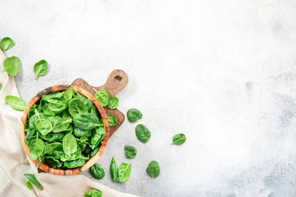 Fresh Green Baby Spinach Leaves Bowl Gray Stone Table Background — Stock Photo, Image