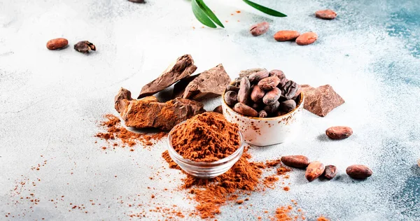 Biologisch Cacaopoeder Bonen Geraspte Knobbel Grijze Achtergrond Kopieerruimte — Stockfoto