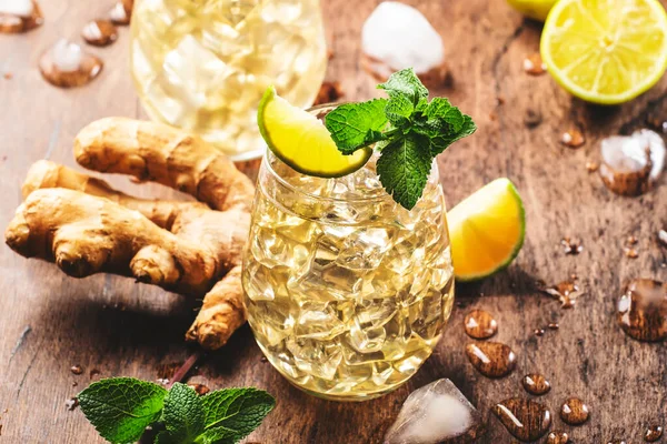 Ginger Ale Alcoholic Cocktail Beer Lime Lemon Mint Leaves Glaass — стокове фото