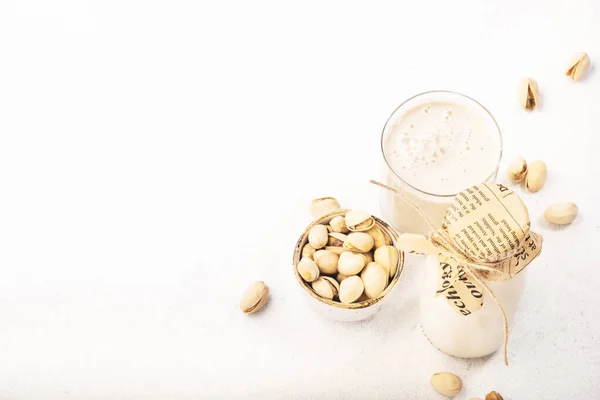 Pistachio Nut Milk Glass Grey Table Non Dairy Alternative Vegan — Stock Photo, Image