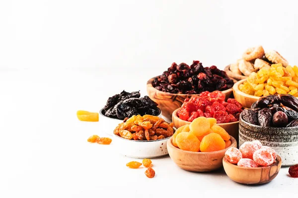 Healthy Food Snacks Natural Dried Fruits Mix Bowls White Background — Stock Photo, Image