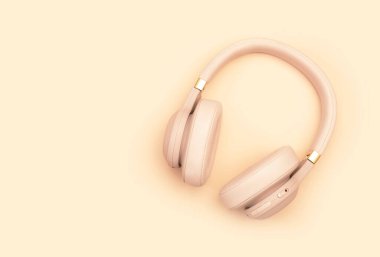 Soluk pembe pastel arka planda pembe kablosuz kulaklıklar. Moda minimal tarzı. Müzik konsepti. Fotokopi alanı ve üst görünümü olan düz pankart 