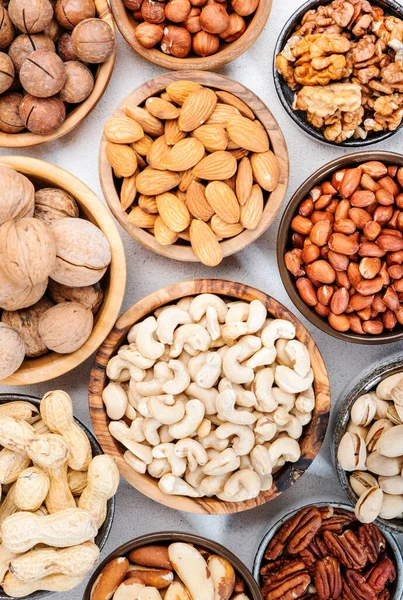 Nuts Bowls Almonds Hazelnuts Walnuts Other Healthy Food Snack Mix — Foto de Stock