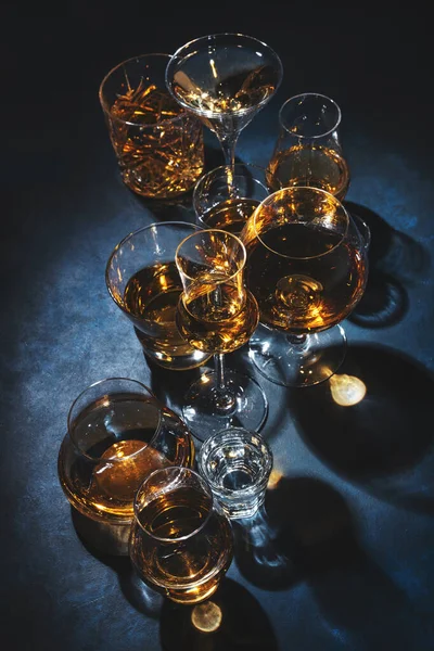 Strong Alcohol Drinks Hard Liquors Spirits Distillates Iset Glasses Cognac — Stock Photo, Image