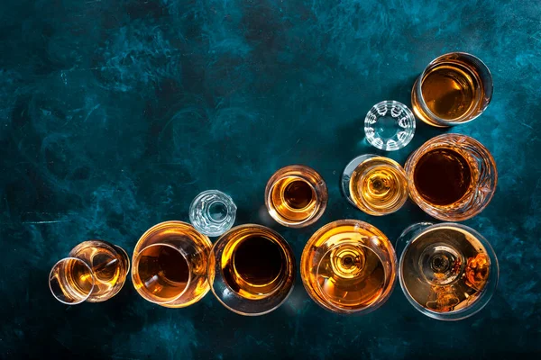 Strong Alcohol Drinks Hard Liquors Spirits Distillates Set Glasses Cognac — Stock Photo, Image