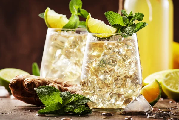Classic Ginger Ale Cocktails Beer Lime Lemon Mint Leaves Glaasses — Stok Foto