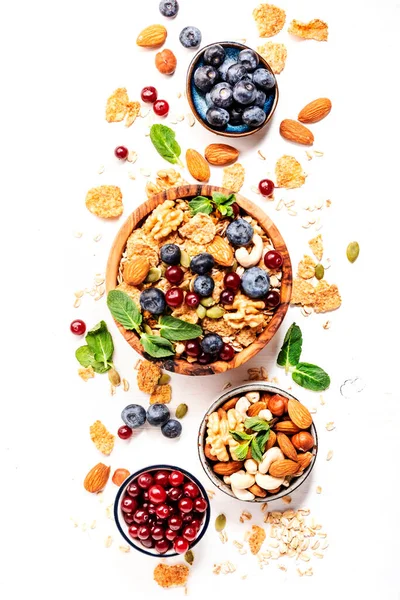 Sugarless Muesli Bowl Ingredients Healthy Breakfast Granola Nuts Blueberry Cranberry — Stock Photo, Image