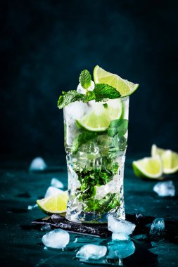 Limonlu mojito kokteyli, beyaz rom, soda, kamış şekeri, nane şekeri ve koyu mavi arka planda buzlu. Negatif boşluk
