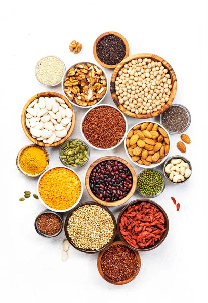 Conjunto Superalimentos Legumes Cereais Nozes Sementes Tigelas Mesa Branca Espaço — Fotografia de Stock