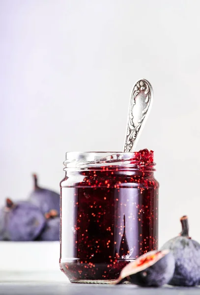 Fig Confiture Glass Jar Fresh Fruits Gray Kitchen Table Negative — Stock Photo, Image