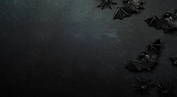 Kopya alanı olan yarasalar ve örümceklerle Cadılar Bayramı 'nın siyah arka planı kutlu olsun.