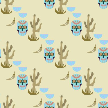Meksika illüstrasyon model bir kaktüs ve kafatası 2
