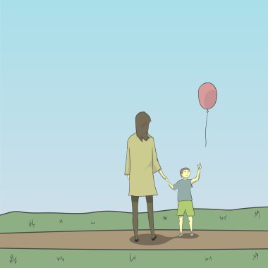 Yaz yürüyüş. Anne ve oğlu.