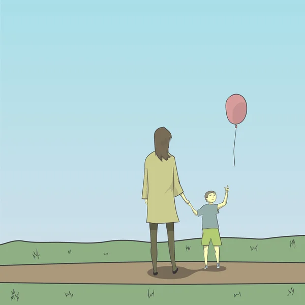 Yaz yürüyüş. Anne ve oğlu.