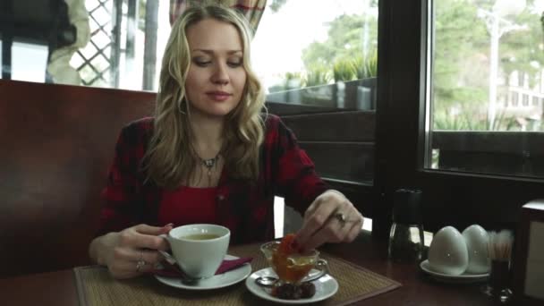 Lány a kávézóban. Nő iszik teát. nő az étteremben. Reggel teát. reggeli, ebéd. kávé, desszert. — Stock videók