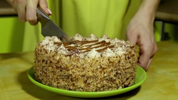 Una mujer rebanando pastel. Las manos femeninas cortan rebanadas de pastel. Cuchillo grande. En la cocina. Una mujer orgullosa de casa. dulce postre. cuchillo afilado. dulces caseros. pastel de cumpleaños. Sabroso pastel. Pastel con crema. nata batida . — Vídeo de stock