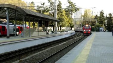 Sochi tren istasyonu. Tren istasyonu. Treni varış. Tren. Trenle yolculuk. Demiryolu Taşımacılığı. Tren bekleyen