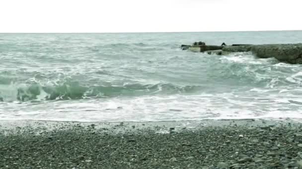 黒海。海の波。岩の多い海岸。曇り。潮。海の泡。ロシアの海。小石のビーチ。レクリエーション、観光、旅行します。ソチのビーチ。穏やかな風景。防波堤。雨の前に海. — ストック動画