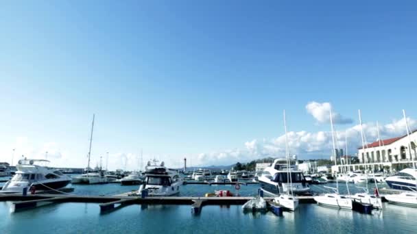 Sochi. Marine Station. Berth, quay. Yachts, boats. Good weather. Blue Sea. Black Sea. Harbor, marina. Beautiful view. — Stock Video