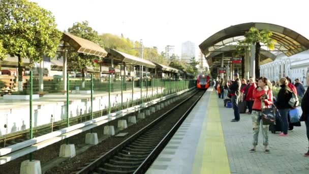 Estação ferroviária em Sochi. Estação Ferroviária. A chegada do comboio. Ferroviária. A viagem de comboio. Trem moderno. Transporte ferroviário. Comboio à espera — Vídeo de Stock