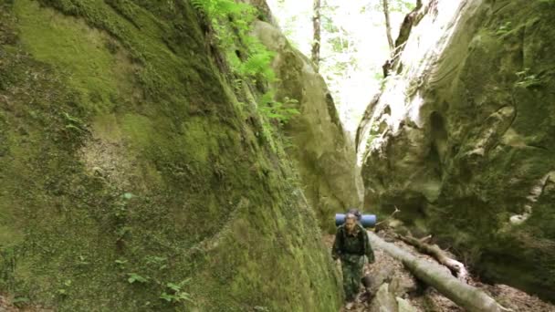 女性観光客は、岩の間です。森の中を歩きます。エコツー リズム。旅行のバックパックを持つ少女。レジャー。障害物を克服します。ハイキング. — ストック動画