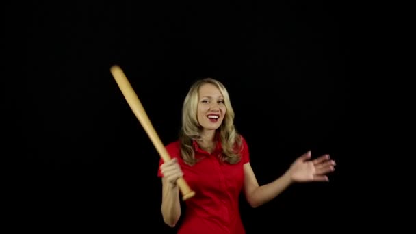 Girl with a baseball bat. Business lady. Business manager. Role-playing games. Woman dominates. Strong independent woman. Black background. — Stock Video