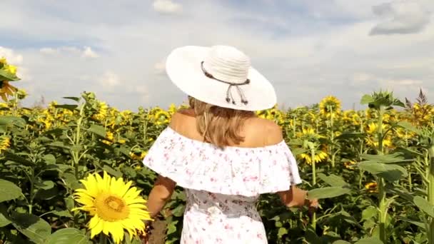 Kvinnan promenader bland solrosor. Flicka i ett fält av solrosor. Kvinnan ler och promenader i ett fält av solrosor. Sommar, natur, soligt väder. — Stockvideo