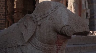Antik Hint şehri Hampi 'deki bir tapınakta taştan oyulmuş bir fil heykeli.