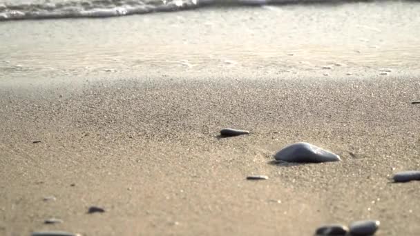 Praia de areia e ondas, close-up. Praia dourada e mar calmo — Vídeo de Stock