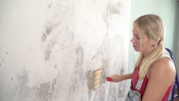 A tired unhappy woman reluctantly makes repairs in the house — Stock Footage A tired unhappy woman reluctantly makes repairs in the house Royalty Free Stock Video