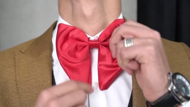 Un uomo in giacca e cravatta sta provando un buffo papillon rosso. Divertente moda uomo — Video Stock