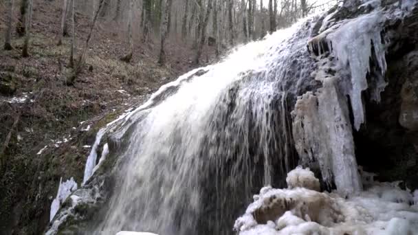 冬の森の滝。春、雪が溶け、流れと滝 — ストック動画