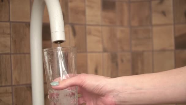 İnsan mutfaktaki musluktan temiz şeffaf suyu bardağa doldurur. — Stok video