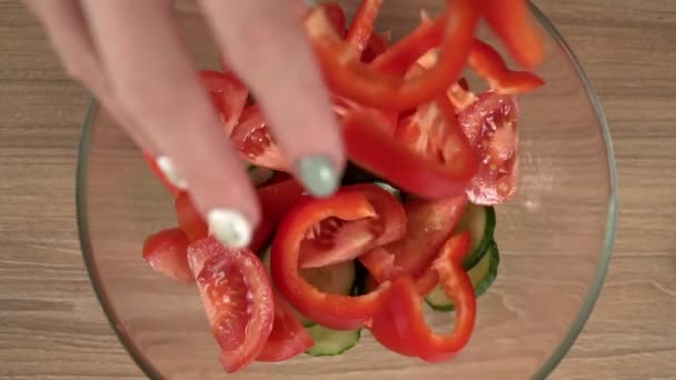 Salată de legume de piper, castravete și roșii, mișcare lentă — Videoclip de stoc