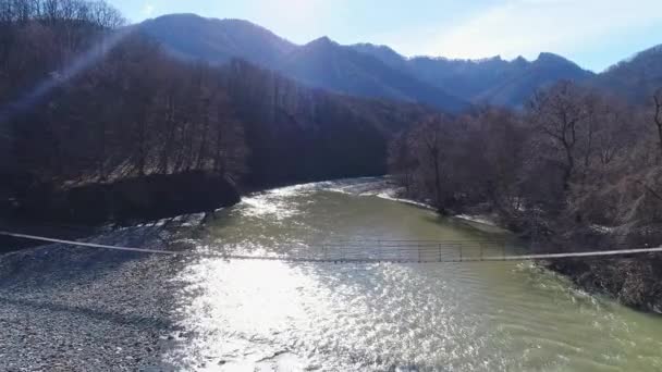 Górska rzeka z mostem wiosennym lub jesiennym lasem — Wideo stockowe