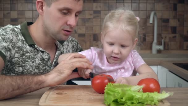 Tata i jego córka gotują w kuchni i kroją warzywa. — Wideo stockowe