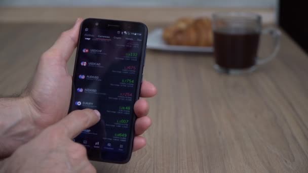 Krasnodar, russland, märz 2021. Smartphone-Bildschirm mit Wechselkursen. Investieren an der Börse zu Hause — Stockvideo