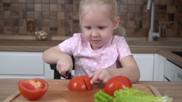 La bambina impara a tagliare le verdure con un coltello in cucina — Video Stock