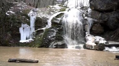 Bahar ormanında küçük bir şelale. Ormandaki bahar deresi ve nehir