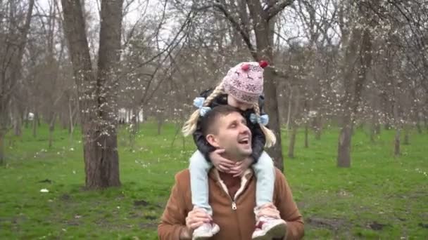 父と娘が公園を歩いている。娘は父親の肩に座って幸せな家族 — ストック動画