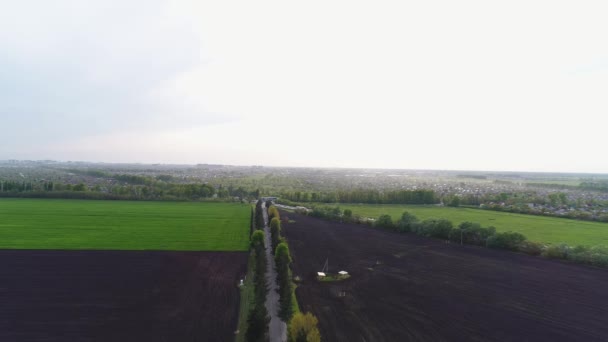 空中ビュー:田舎道、耕された土地と農場の周りの緑のフィールド。夕暮れ時の田舎道のパノラマ — ストック動画