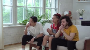 Futbol ya da spor taraftarlarından oluşan bir grup evde televizyon izleyip zafere seviniyor.