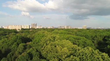 Hava manzarası: modern bir şehirde büyük bir park. Yeşil ağaçlar ve şehir binaları. Kentsel ekoloji kavramı