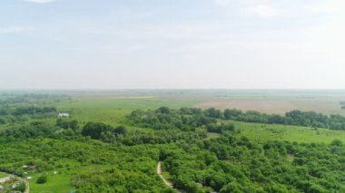 Hava manzarası: yeşil ağaçlar ve orman, çayır ve tarlalar, toprak yol. Kırsal alan