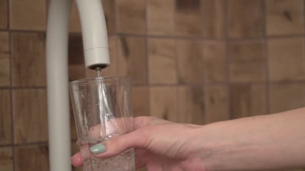 Personen häller rent vatten från en kran i en glasbägare, slow motion — Stockvideo