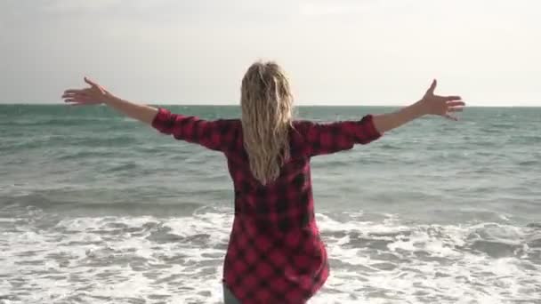 快乐的女人张开双臂站在大海或大海的背景下。自由女人 — 图库视频影像