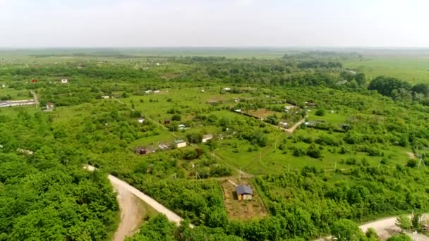 Pueblo o granja, casas de campo en el campo contra el fondo del bosque. Vista aérea — Vídeo de stock