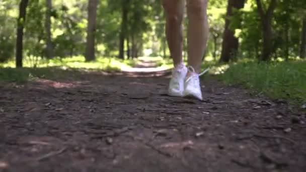 La corredora se dedica a correr al aire libre. Zapatillas de deporte y piernas de cerca mientras se ejecuta — Vídeos de Stock