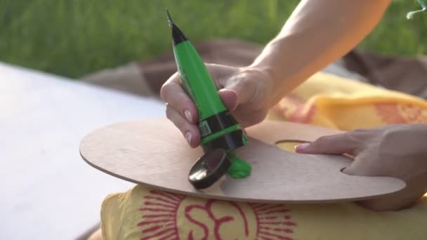 Künstler presst Acrylfarbe auf Holzpalette — Stockvideo
