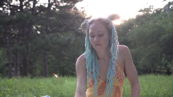 Belle femme artiste peint sur la nature sur un fond de coucher de soleil — Video